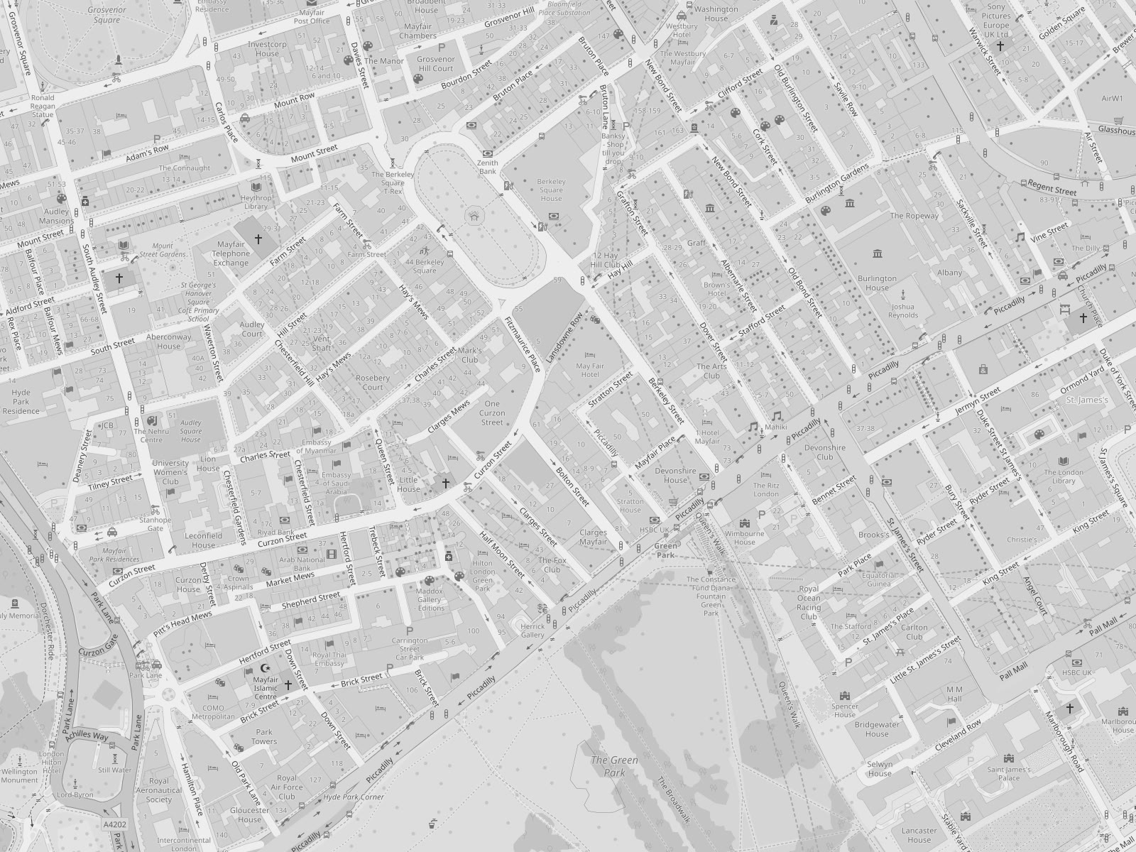 Map of Mayfair, London, showing Green Park House on Stratton Street, near Green Park station